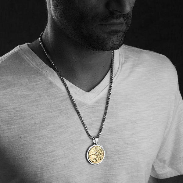 Unique Tungsten Medallion Necklace. Stainless Steel Saint Christopher Inlay with 18kt Gold Plating.