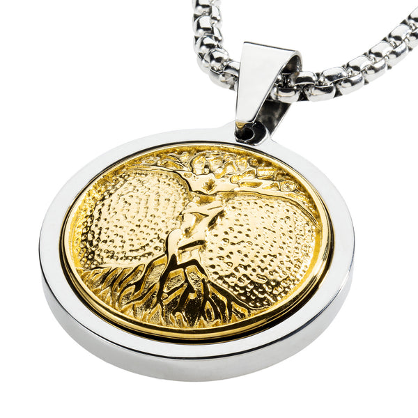 Unique Tungsten Medallion Necklace. Stainless Steel Tree of Life Inlay with 18kt Gold Plating.