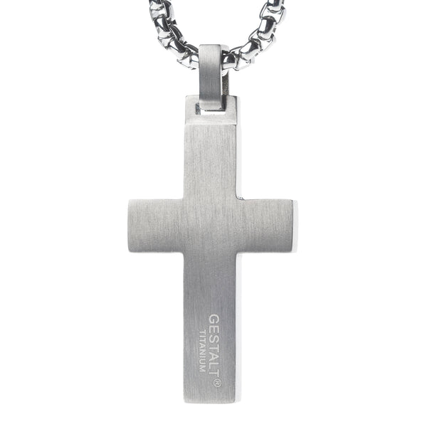 Unique GESTALT Titanium Cross Necklace with KOA Wood Inlay. 4mm wide Surgical Stainless Steel Box Chain.