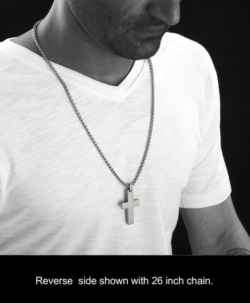 Unique GESTALT Titanium Cross Necklace with Black Carbon Fiber Inlay. 4mm wide Surgical Stainless Steel Box Chain.