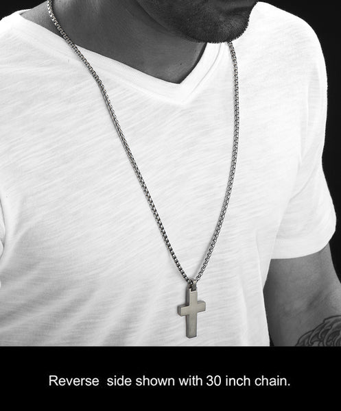Unique Titanium Cross Pendant with Onyx Inlay. 4mm wide Surgical Stainless Steel Box Chain.