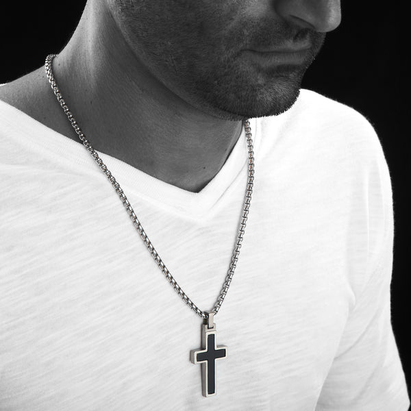Unique Titanium Cross Pendant with Onyx Inlay. 4mm wide Surgical Stainless Steel Box Chain.
