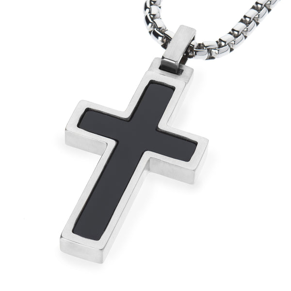 Unique Titanium Cross Pendant with Onyx Inlay. 4mm wide Surgical Stainless Steel Box Chain.
