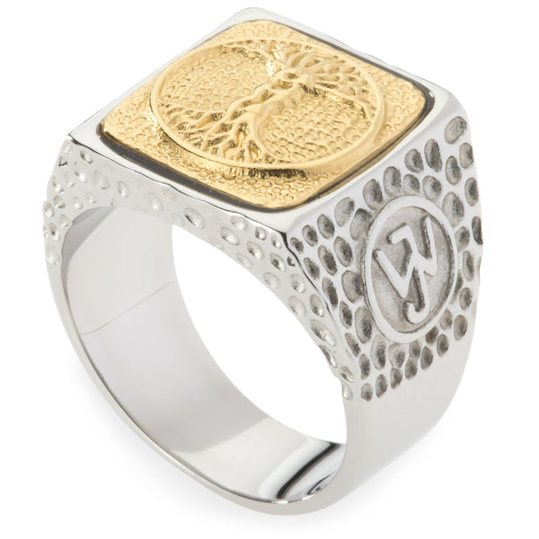 Unique Tree of Life Signet Ring. Platinum Style Surgical Stainless Steel with 18kt Gold Plating.