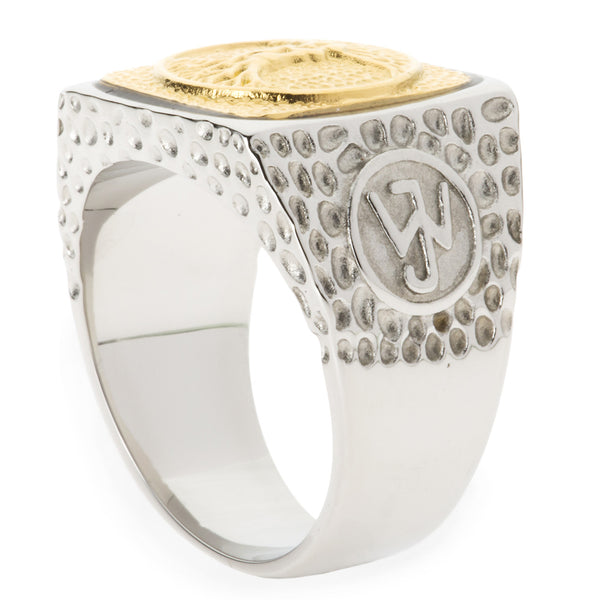 Unique Tree of Life Signet Ring. Platinum Style Surgical Stainless Steel with 18kt Gold Plating.