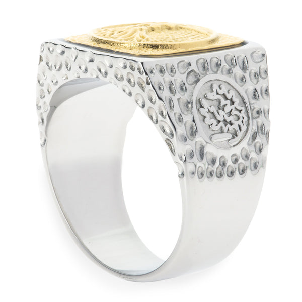 Unique Tree of Life Signet Ring. Platinum Style Surgical Stainless Steel with 18kt Gold Plating.