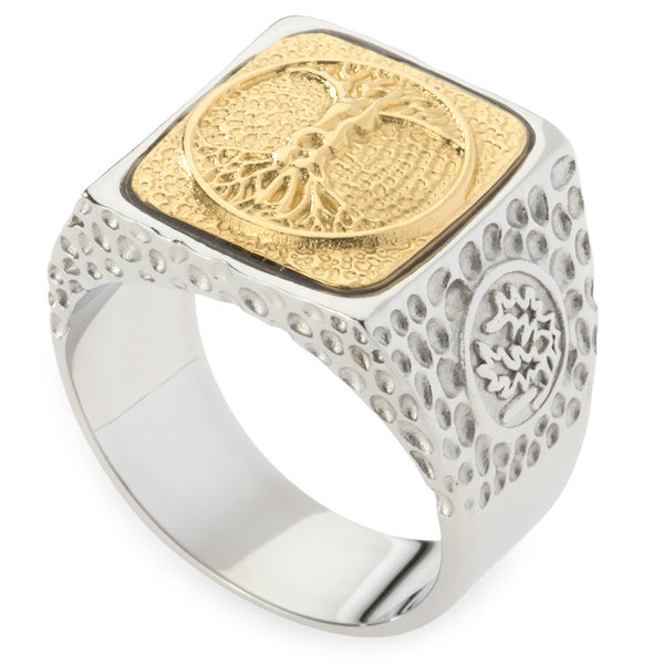 Unique Tree of Life Signet Ring. Platinum Style Surgical Stainless Steel with 18kt Gold Plating.