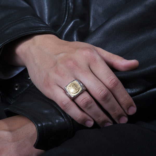 Unique Tree of Life Signet Ring. Platinum Style Surgical Stainless Steel with 18kt Gold Plating.